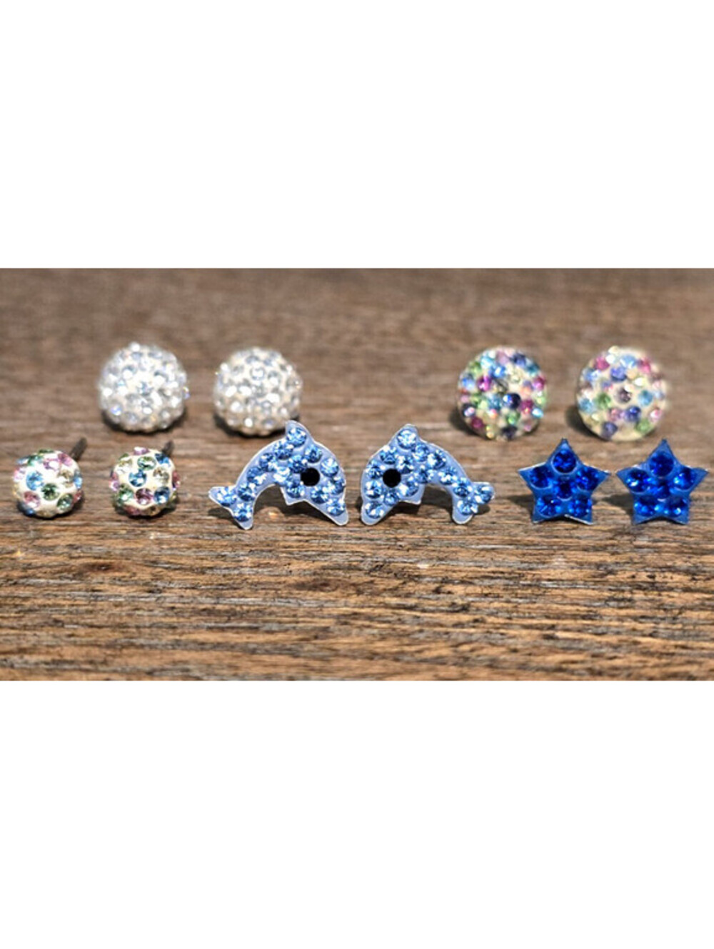 5 pairs Sterling Silver Crystal Pave Stud Earrings Dolphin Star Ball Multicolor